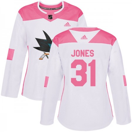 Nainen NHL San Jose Sharks Pelipaita Martin Jones 31 Adidas 2017-2018 Valkoinen Vaaleanpunainen Fashion Authentic